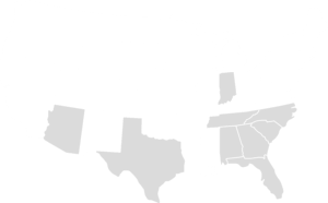US map with states marked: Arizona, Texas, Indiana, Alabama, Tennessee, Georgia, Florida, South Carolina, North Carolina, Oklahoma